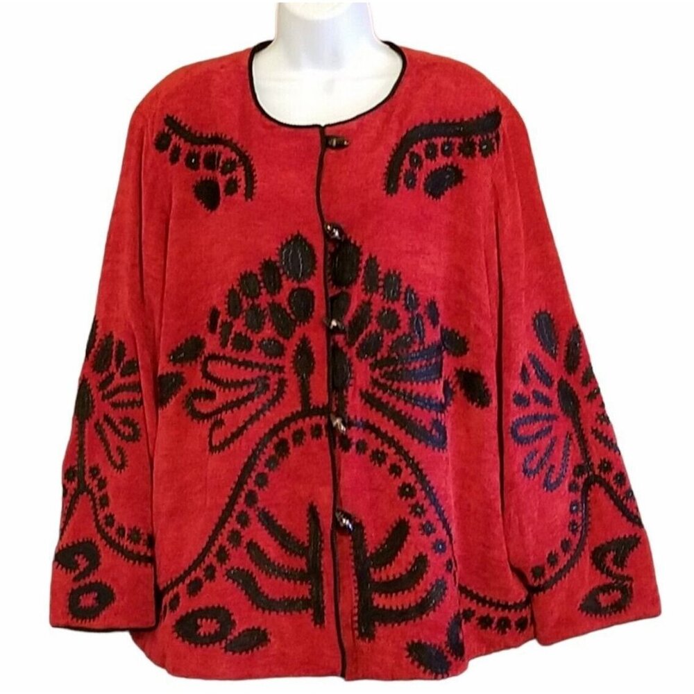 Allure Vintage Embellished Button Cardigan Womens 1X Red Velour Barrel Buttons - Picture 2 of 16